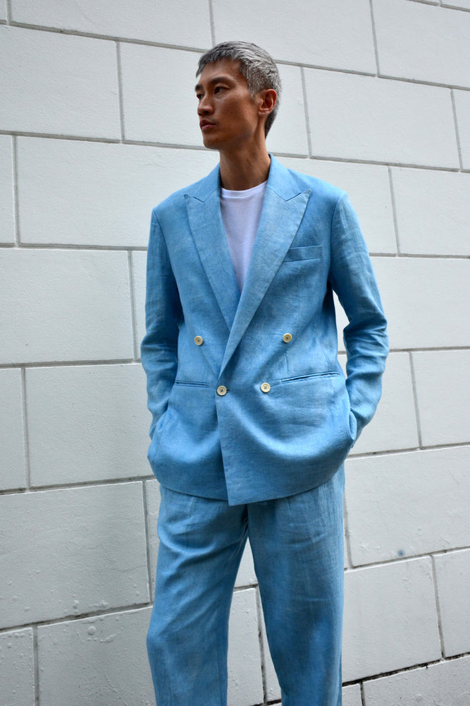 SKY INDIGO LINEN TWILL DOUBLE-BREASTED JACKET