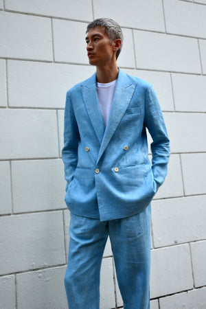SKY INDIGO LINEN TWILL DOUBLE-BREASTED JACKET