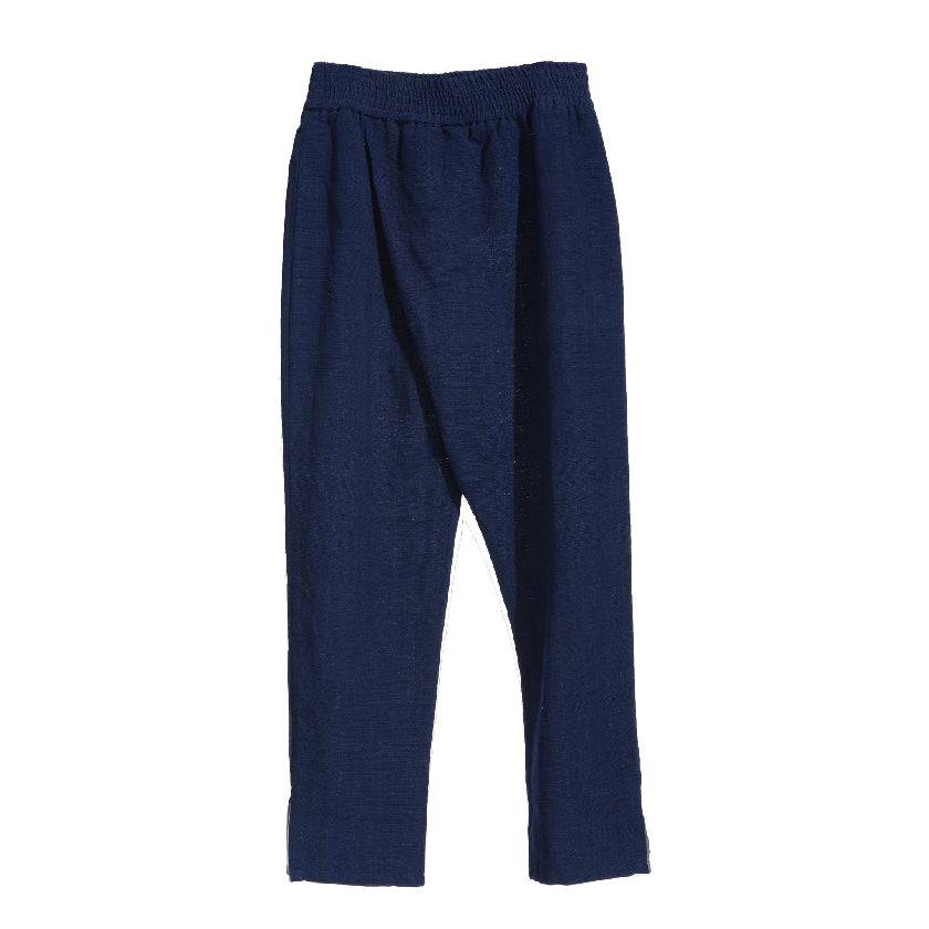 DARK INDIGO ISAN WOVEN CROSSOVER TROUSERS