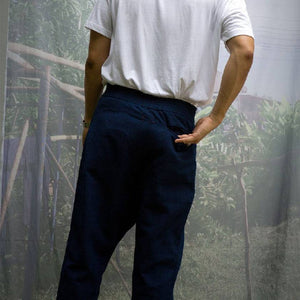 
            
                Load image into Gallery viewer, DARK INDIGO ISAN WOVEN CROSSOVER TROUSERS - Philip Huang
            
        
