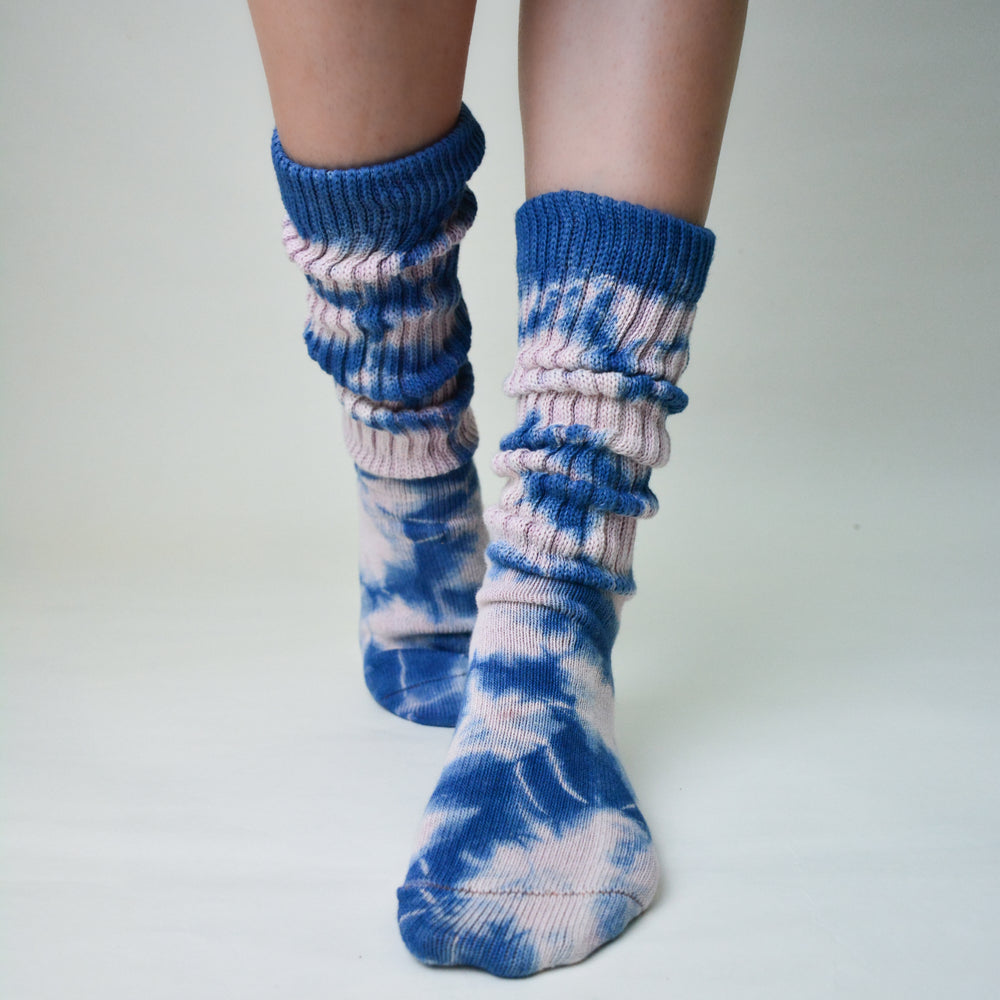 Natural Hand Tie-dye Coral Indigo Mona Slouch Socks - Philip Huang